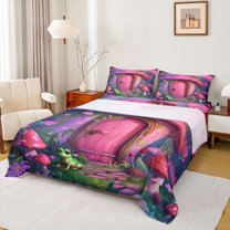 Feelyou Dreamy Mushroom House Queen Sheet Sets, Jungle Frog Animal Flat Sheet, Fairy Tale Princess Queen Fitted Sheet, Lightweight Room Decor, 4 Pieces