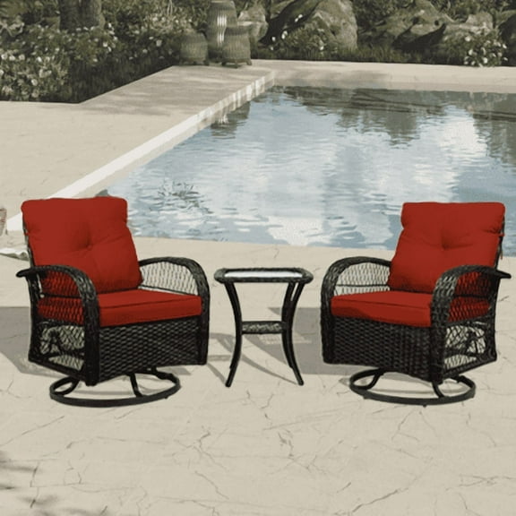 3-Piece Patio Furniture Set with Swivel Rocking Chairs & Tempered Glass Table - 360° Rotating Outdoor Bistro Set, Weatherproof Wicker & Steel Frame, Thick Cushions for Garden, Poolside (Red)