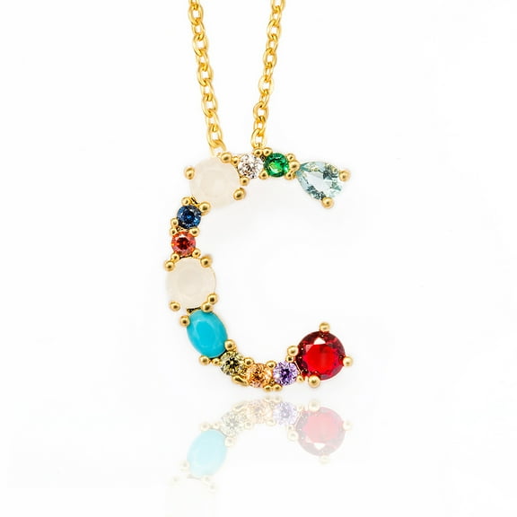Golden Brass Micro Pave Cubic Zirconia Initial Pendants Necklaces with Cable Chains Colorful Letter Letter.C 17.9~18.1 inch(45.5~46cm)x1.5mm LetterC: 20x15x6mm 1pc