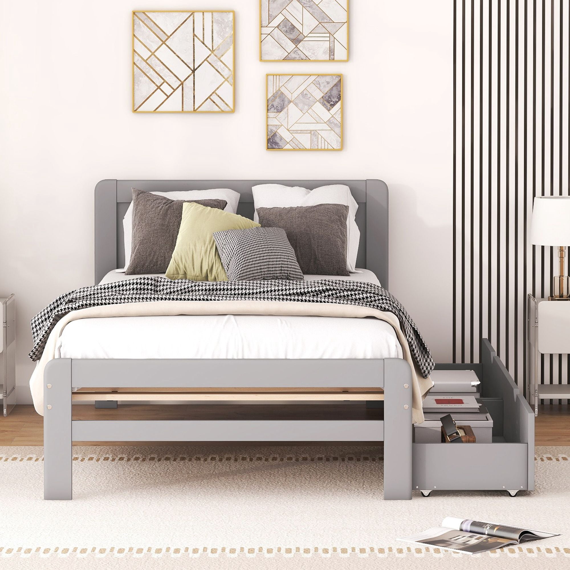 Aukfa Platform Bed with 2 Storage Drawers, Twin Bed Frame with Headboard for Kids, Wood - Gray