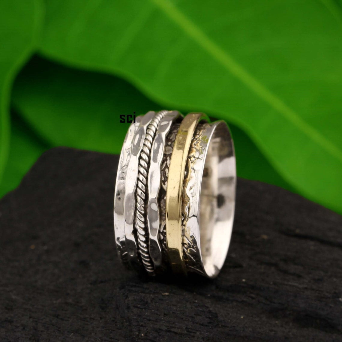 SS DESIGNS Sterling Silver Spinner Ring - Handmade Two Tone Fidget Spinner Ring for Women with Silver Hammered Finish and Stress Relief Design