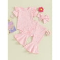 thumbnail image 3 of Aojekbee Baby Girl Summer Outfits Flower Print Short Sleeve Rompers Flare Pants Headband 3Pcs Clothes Set, 3 of 10