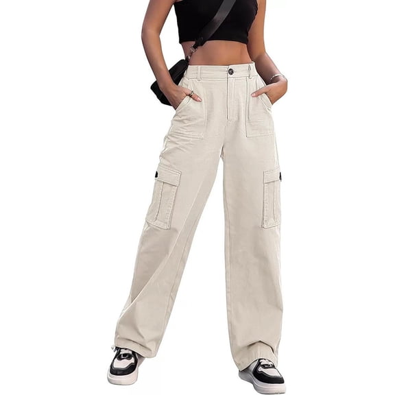XuJwPNcy Cargo Pants Women Straight Leg Multi Pockets Trousers High Waist Work Hiking Pants for Outdoor Fishing Camping(White,X-Small)
