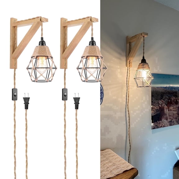 FRIDEKO HOME Plug in Wall Sconces Set of 2, Wood Light Fixtures Industrial Farmhouse Wall Lamps with 8.2 FT on/off Switch Cord, Indoor Metal Cage Wall Lights for Living Room (No Bulbs Included)