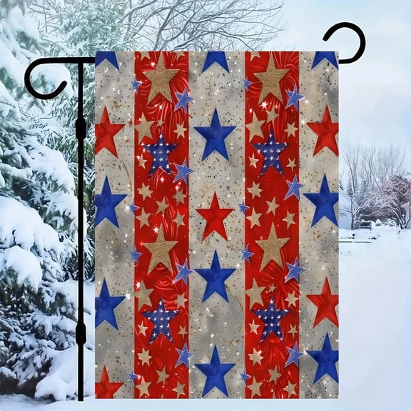 RKSupls Patriotic Linen Double Sided Garden Flag, Independence Day Themed Yard Decor, Metallic Stars Stripes Shine Outdoor Banner for Holiday Lawn