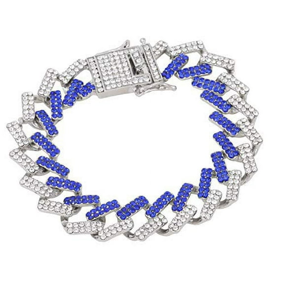 Charles Raymond New Cuban Zig Zag Bling'ed Out ZZ Links w/ 3 Row Diamonds on Each Side Hip Hop Living Color Bracelet - ZZ001B - Blu/Slv