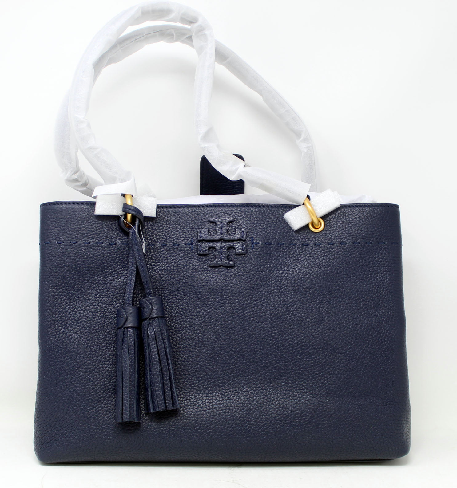 Tory Burch McGraw Triple Compartment Tote Pebbled Leather Navy Blue