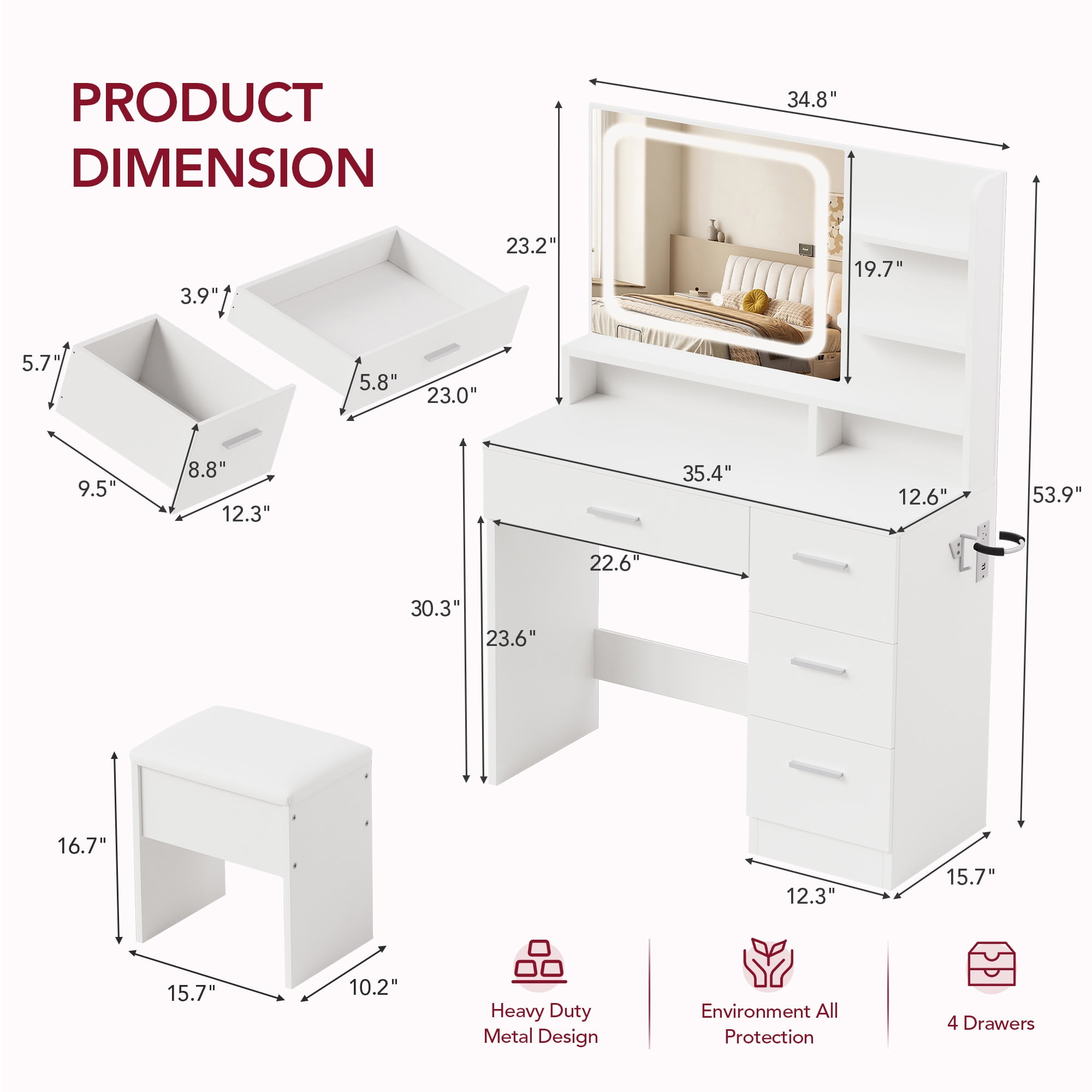 LIVELYGLOW Vanity Desk with Smart LED Mirror & Stool, Makeup Vanity Set with Adjustable Lighting, Built-in Power Outlet, Large Storage Drawer, Modern Minimalist Dressing Table for Bedroom,White