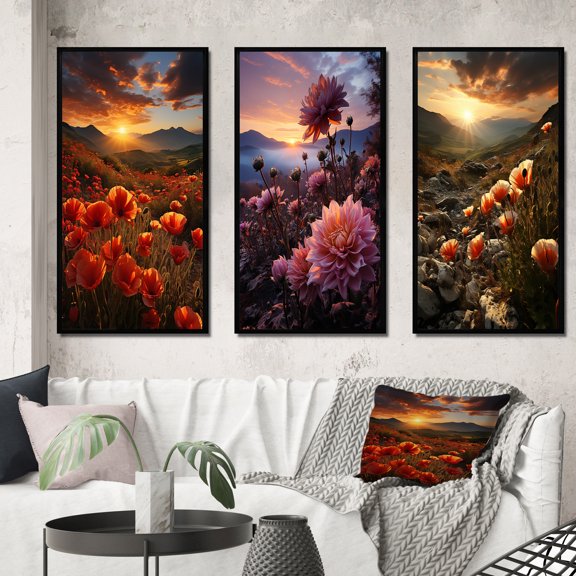Designart "Fields of Dreams in Coral Wildflowers" Floral Framed Wall Art Set Of 3 - Coral Wildflowers Frame Gallery Wall Set For Home Decor