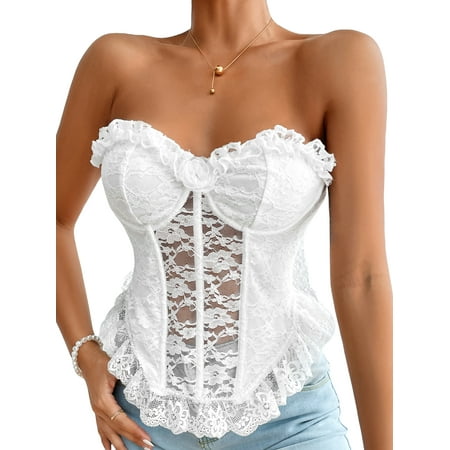 

Women Sexy Lace Hollow Out Crop Cami Top Floral Sheer Mesh Patchwork Bustier Sleeveless Spaghetti Strap Vest