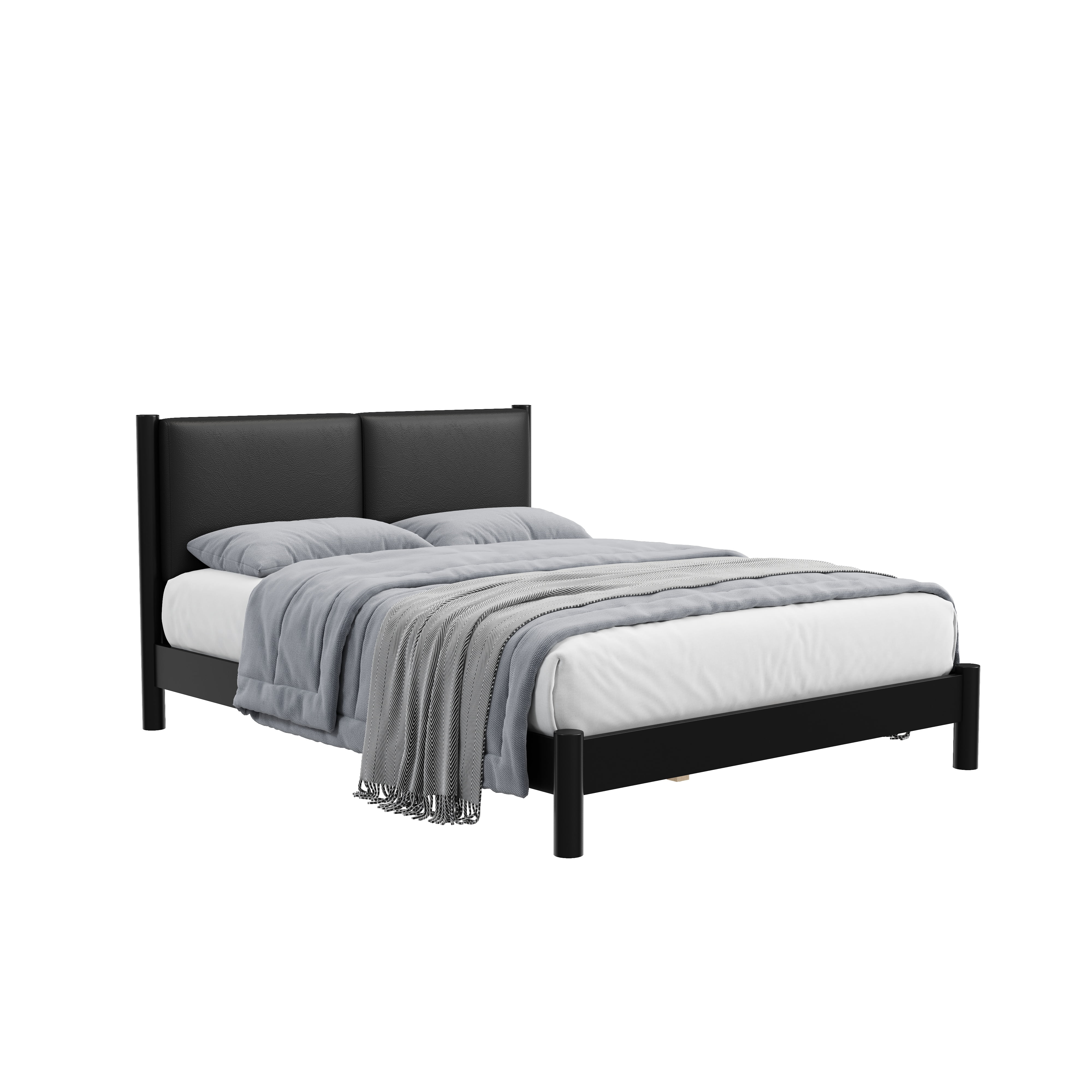 Euroco Wood Queen Size Platform Bed with PU Leather Headboard, No Box Spring Needed, Black