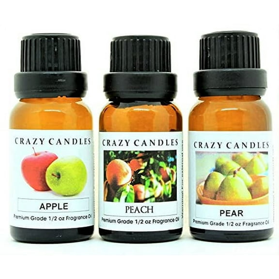 3 Bottles Set, 1 Apple, 1 Peach, 1 Pear 1/2 Fl Oz Each (15ml) Premium Grade Scented Fragrance Oils by Crazy Candles