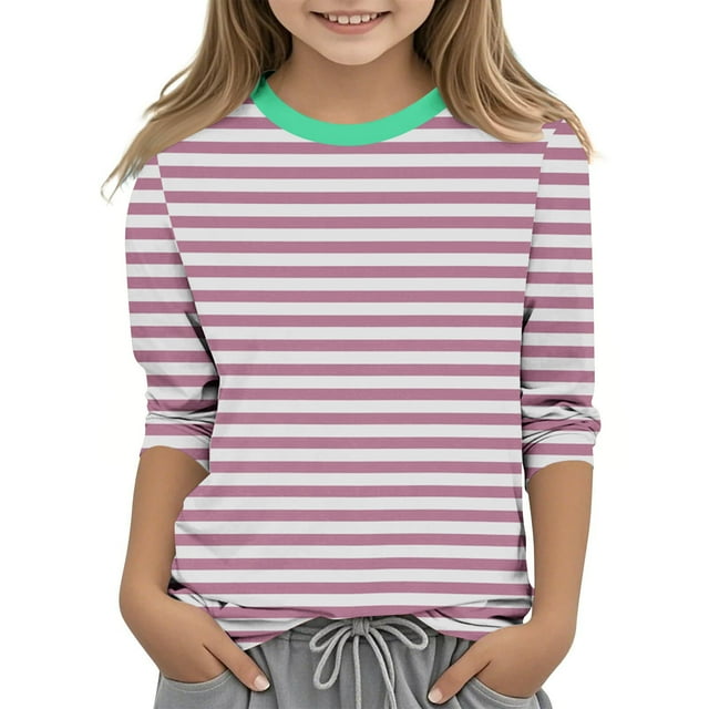 MeetoTime Filles Enfants T-shirt à Manches 3/4 Col Ras du Cou Rayé Imprimé d'Été Décontracté Vêtements pour Enfants 3-12 Ans