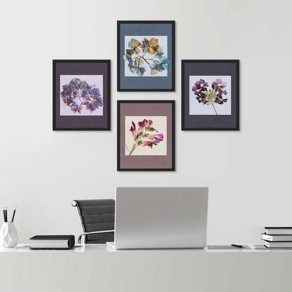 PixonSign Framed Wall Art Purple Morning Glory Floral, Set of 4 Vibrant Wildflowers Wall Decor Arts, Nature Plant Wall Décor, Adhesive Canvas Poster, Modern Home Artwork - 11"x14" Black