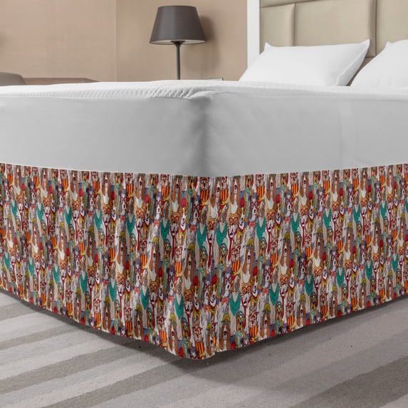 Dog Bed Skirt, Hipster Bulldog Schnauzer Pug Breeds Glasses Hats Scarf Pattern Colorful Cartoon, Elastic Bedskirt Dust Ruffle Wrap Around for Bedding Decor, 4 Sizes, Multicolor, by Ambesonne