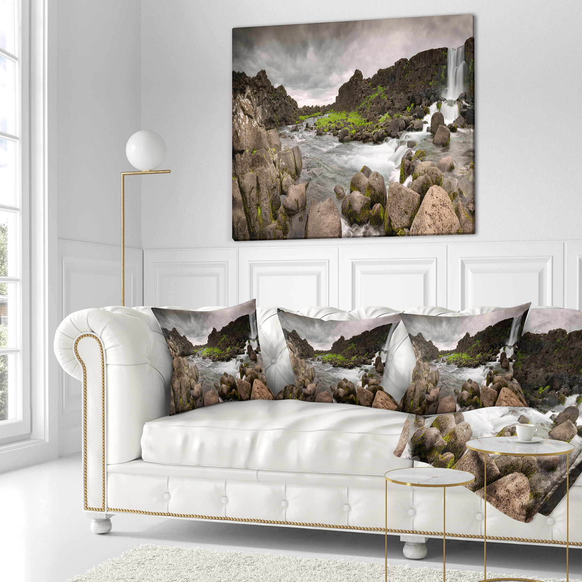 Designart Dramatic Oxarafoss Waterfalls - Abstract Throw Pillow - 16x16