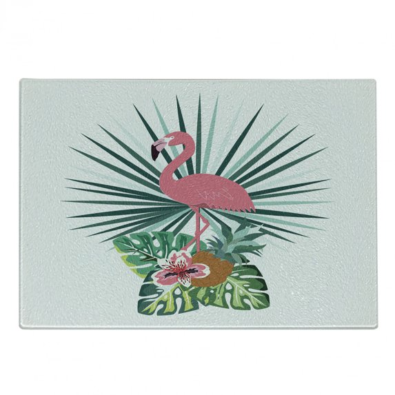 Exotic Cutting Board, Tropical Composition with Flamingo Pineapple Monstera Leaves and Amaryllis Flower, Decorative Tempered Glass Cutting and Serving Board, in 3 Sizes, by Ambesonne