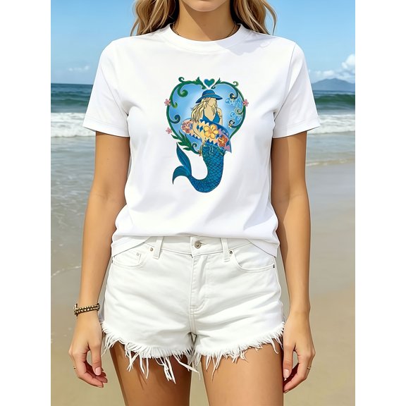 delicate directional pattern print fashion casual short sleeve spring summer outfit round neck womens t shirt