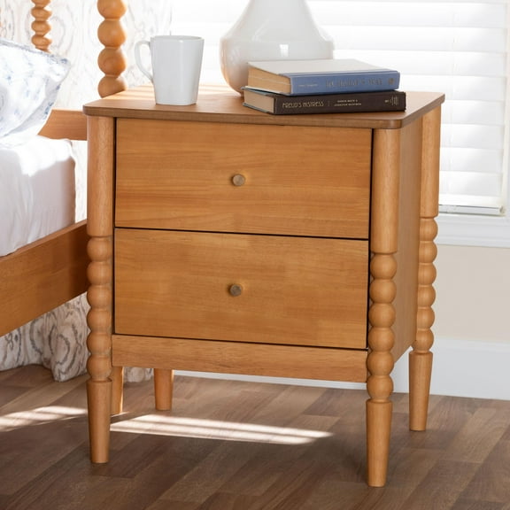 Baxton Studio Lucera Mid-Century Nightstand, 2-Drawer, Oak Brown