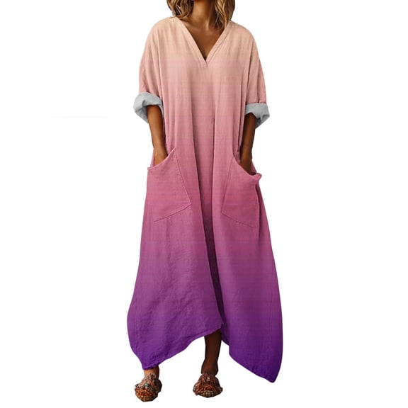 Efsteb Women’S Summer Dresses Gradient Short Sleeve Dress V-Neck Loose Casual Maxi Dress Asymmetric Hem Dresses with Pockets (Pink,S)