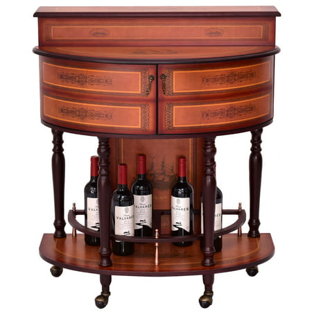 Goplus Rolling Vintage Wine Cabinet Bar Stand Wood Storage Holder