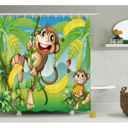 Monkey Drapery Fabric - Nursery Shower Curtain, Two Monkeys Near the Banana Plant Tropical Nature Landscape Vine Funny Animals Apes, Fabric Bathroom Set with Hooks, 69W X 70L Inches, Multicolor, by Ambesonne