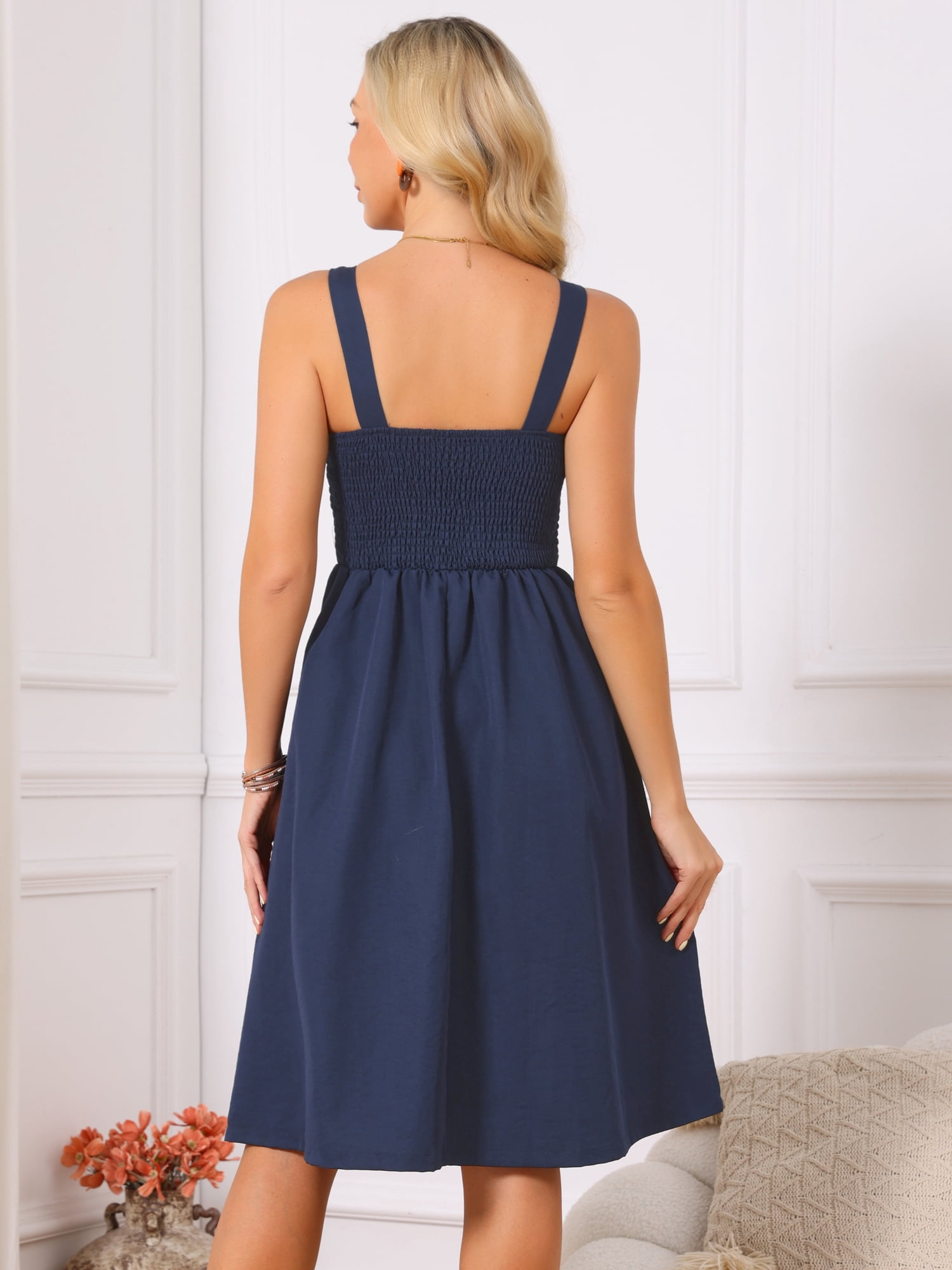 DARING DIVA Women's Dress Square Neck Flattering Tank Sundress M Dark Blue