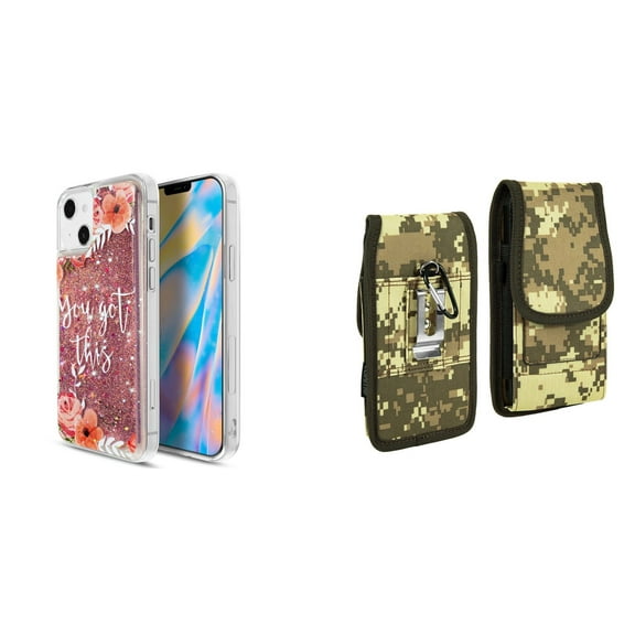 Liquid Glitter Case for iPhone 14 and Belt Holster Pouch (You Got This/ACU)