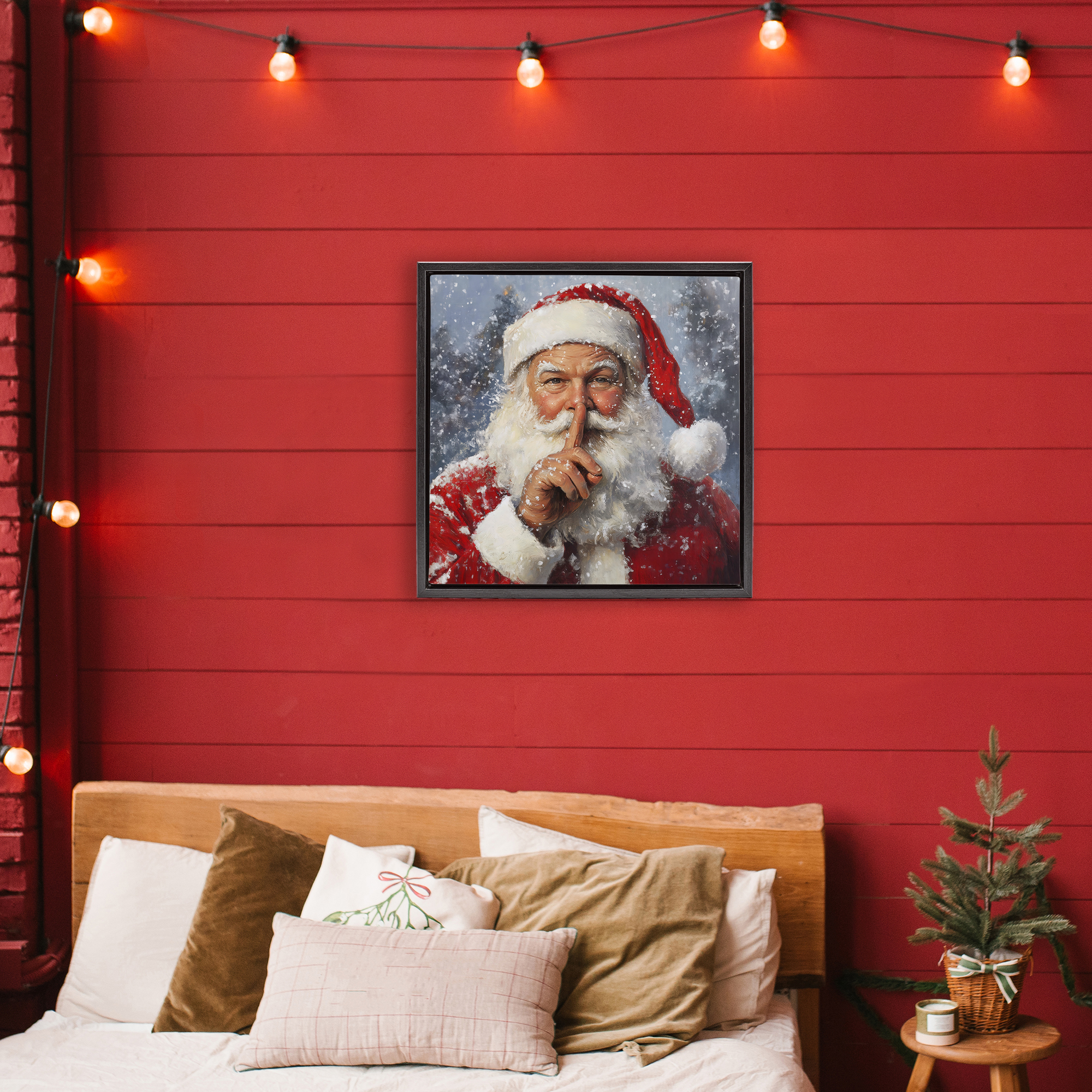 Secret Santa Shh Black Framed Floater Canvas Wall Art, design by Petal Prints Design