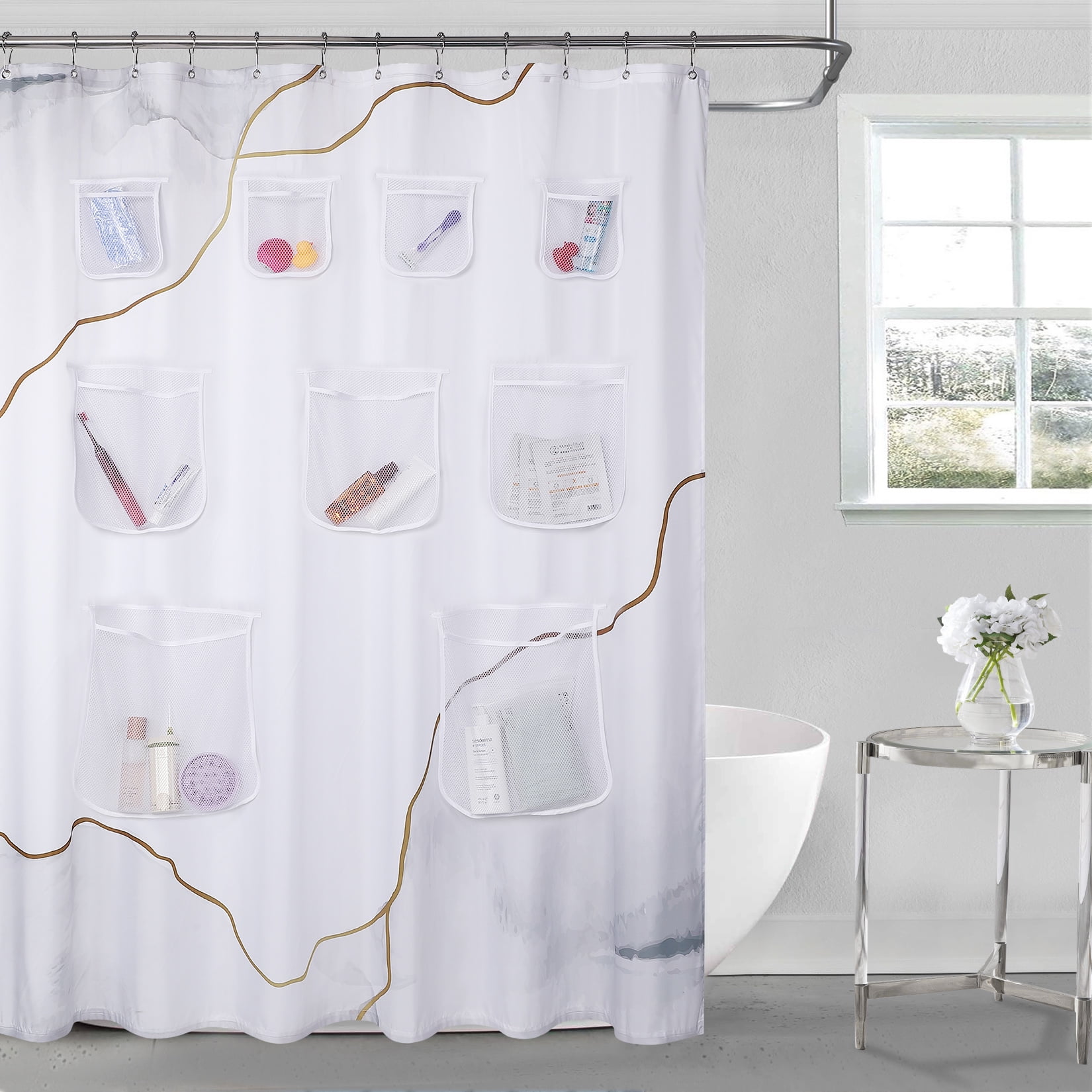 HOMERRY 72 x 78 inches Shower Curtains with 9 Handy Mesh Pockets Pocket
