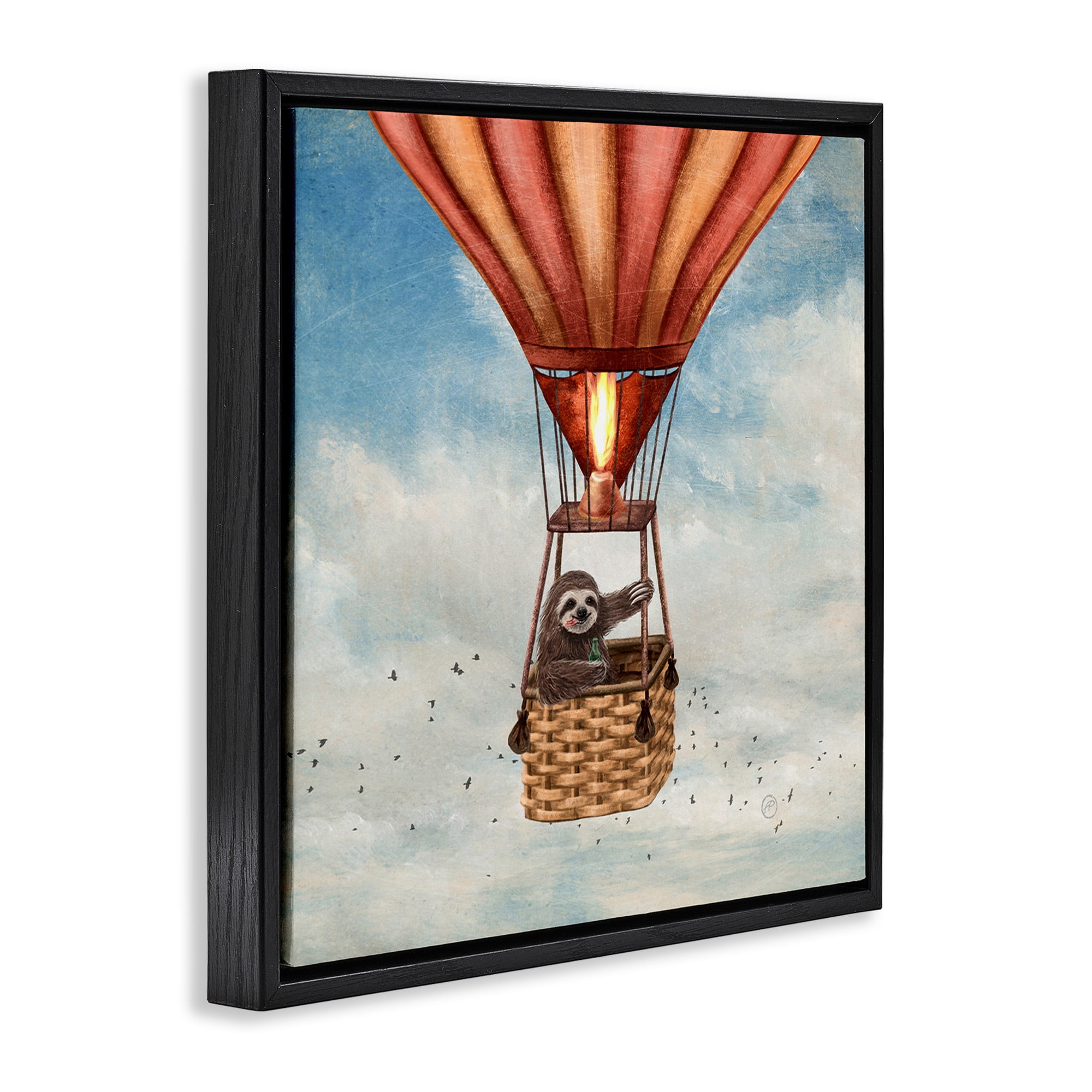 Stupell Industries Sloth in Hot Air Balloon Animals & Insects Painting Black Floater Framed Canvas Art Print Wall Art, 18 x 18