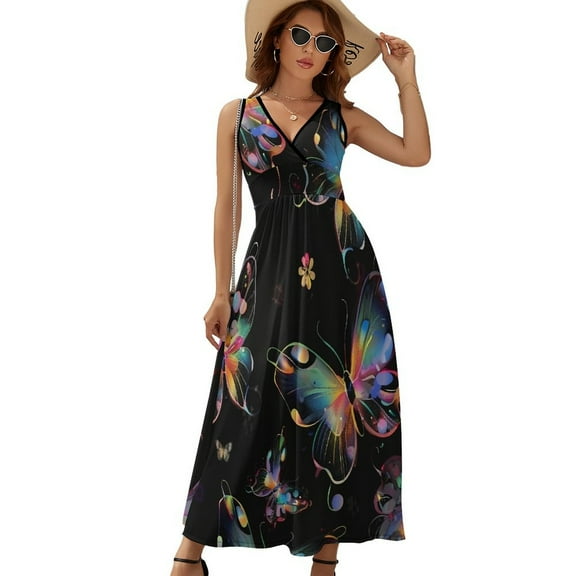 Colorful Butterfly with Glittering Wings Dress Summer Street Style Bohemia Long Dresses Female Sleeveless Printed Maxi Dress