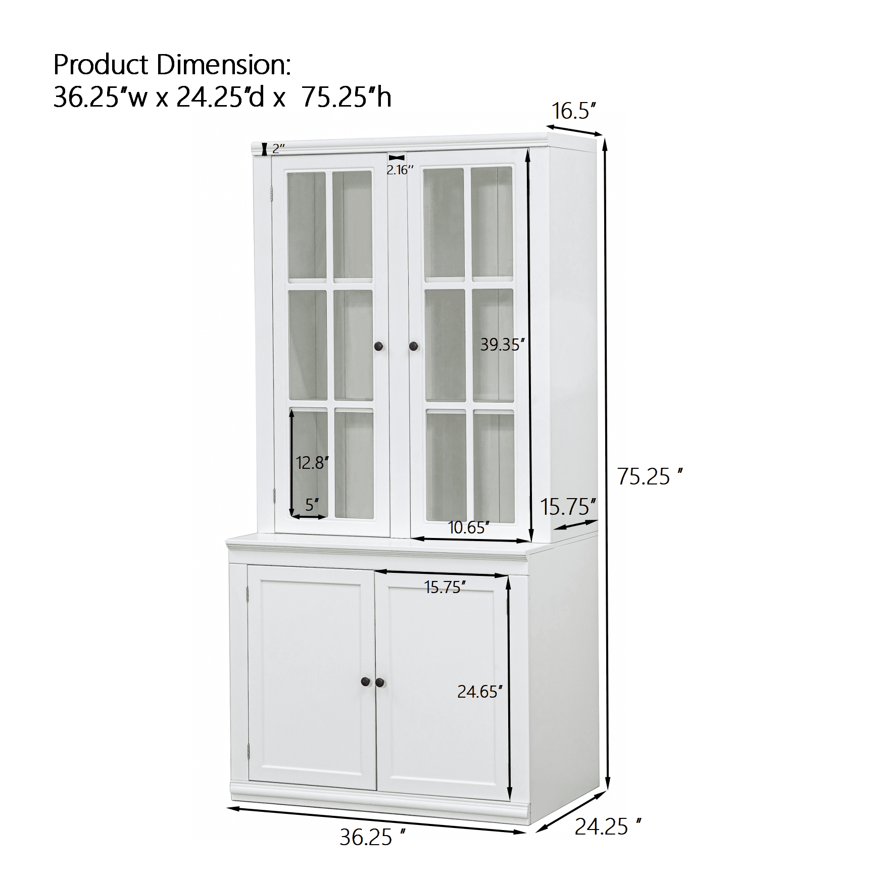 75" Tall Pantry Cabinet, Modern Kitchen Hutch with 4 Doors, Adjustable Shelves, Countertop, Wood Display Cabinet, Cupboard for Living Room, Hallway
