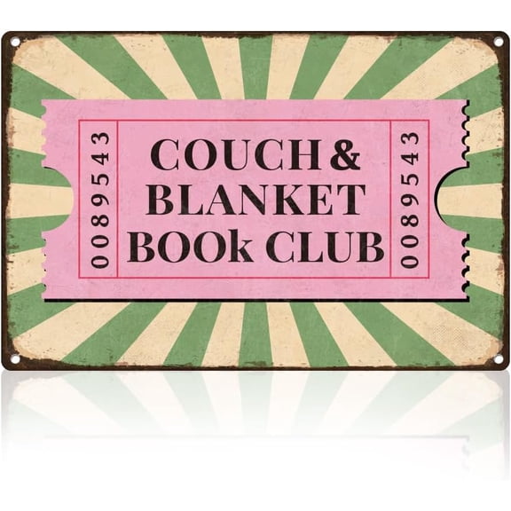Green Striped Ticket Tin Sign Retro Metal Wall Decor 8" x 12" Couch & Blanket Book Club Vintage Wall Art Poster for Home Library Classroom Cafe Reading Room Corner Decor Gift
