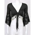 thumbnail image 3 of JanJean Women Glitter Bead Tassel Belly Dance Top Lace 3/4 Flared Sleeves Shawl Crop Tops Dancewear Black L, 3 of 7