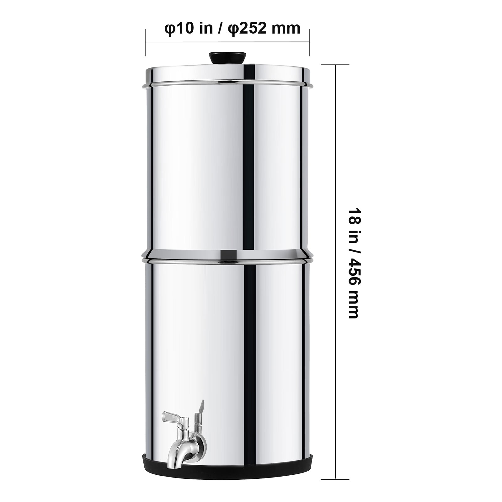KFFKFF Water Purification Unit, Gravity-Driven, 1.5G 304 Stainless-Steel Tabletop Design, Water Purifier, Minimizes Lead and Eliminates up to 99% of Chlorine, Includes 2 Carbon Filters & Faucet