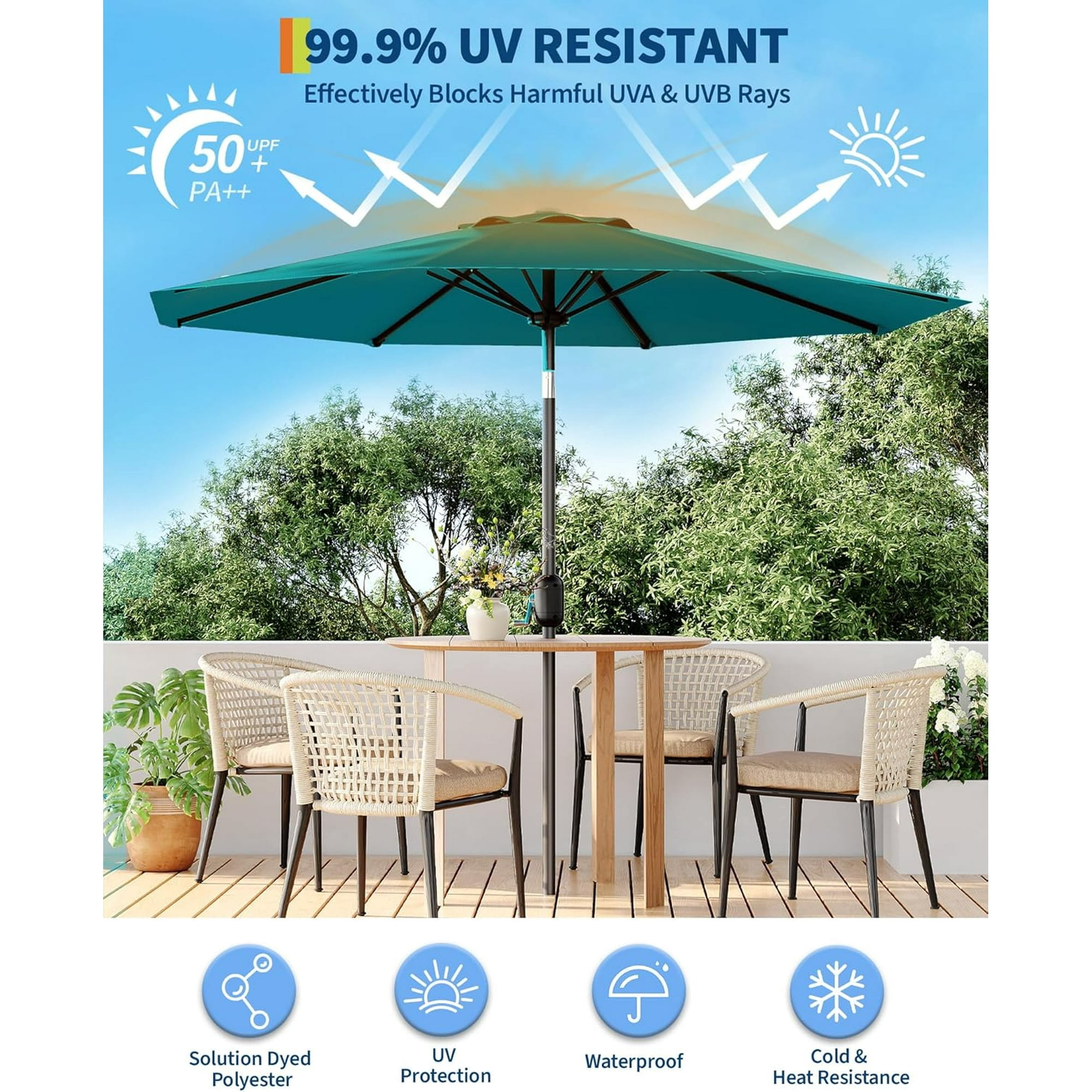 Memoryfield 9FT Patio Market Umbrella with Crank Handle, Outdoor Table Octagon Umbrella with 8 Steel Ribs for Yard Poolside Deck, Turquoise Blue