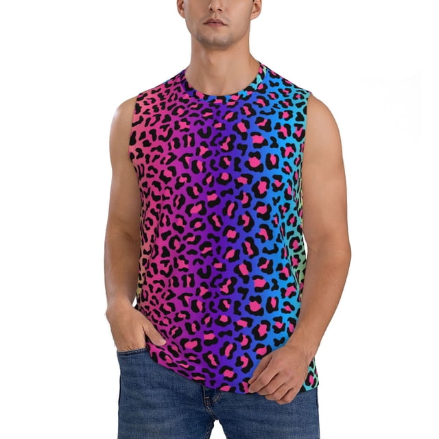 Fotbe Leopard Neon Rainbow Gradient Men's Camiseta sin Mangas Estampada para Hombres, Playera Casual para Gimnasio, Entrenamiento, Playa-Medium