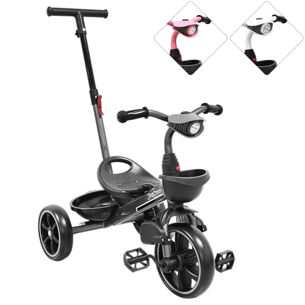 Triciclo para Niños con Bastón Torreta con Luz y Sonido Pedales Desmontables Posapiés Plegables Apto desde 2 años o hasta 25 kg - Gris