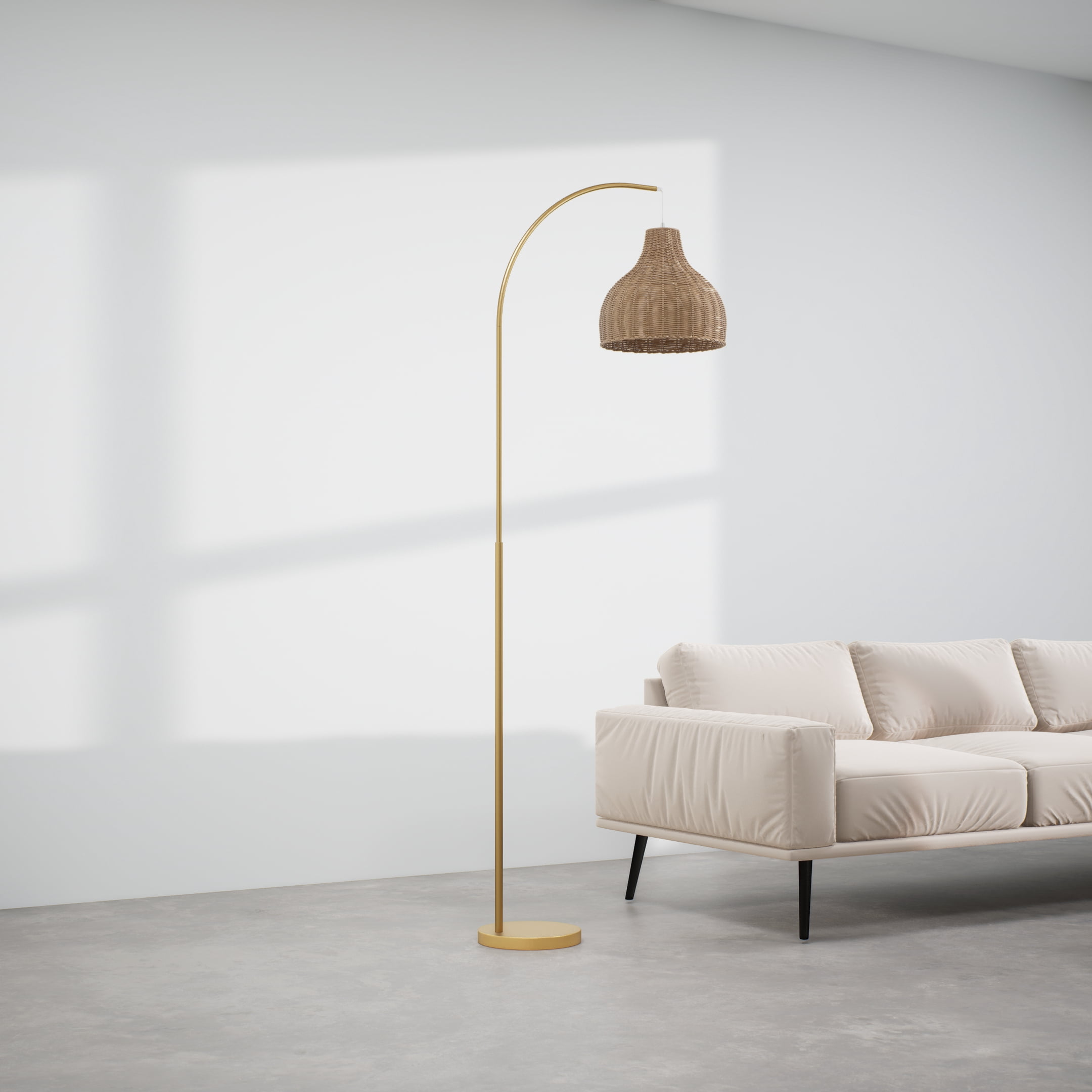 Ozarke Arc Floor Lamp - Brass Rattan Metal Standing Adjustable Tall Lamp for Living Room, Bedroom Modern Design