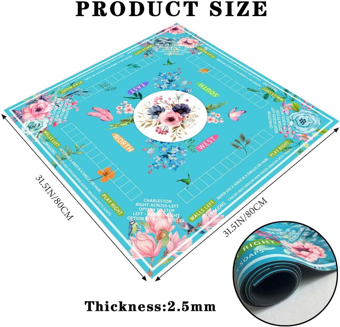 mahjong mat for table with Drawstring Bag/31.5Inch/american mahjong table cloth with rules mats,Noise Reduction Anti-Slip game mat for table,for Mahjong/Poker/Board Games/Card Games/Dominoes (blue)