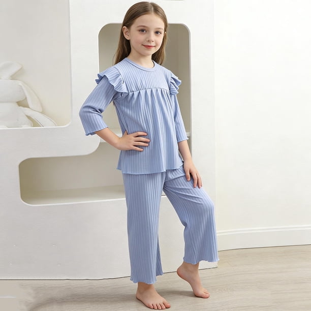 Conjuntos de ropa de casa para niños con cuello redondo y mangas voladoras, pijamas casuales y cómodos de color sólido, conjunto de dos piezas para niñas bebés, ropa con aire acondicionado, conjunto d