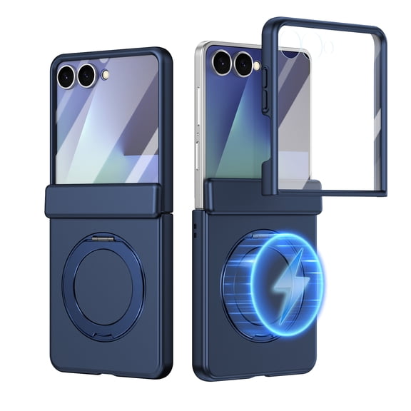 Dteck for Samsung Galaxy Z Flip8 Case with Built-in Screen Protector, Compatible with MagSafe, Full Hinge Cover Magnetic Rotate Ring Stand,Blue