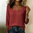thumbnail image 6 of CLOISE Womens 3/4 Sleeve Tops Plus Size Shirts Loose Solid Color V Neck Pullover Cotton Blend Casual Fall Clothes Red XL, 6 of 8