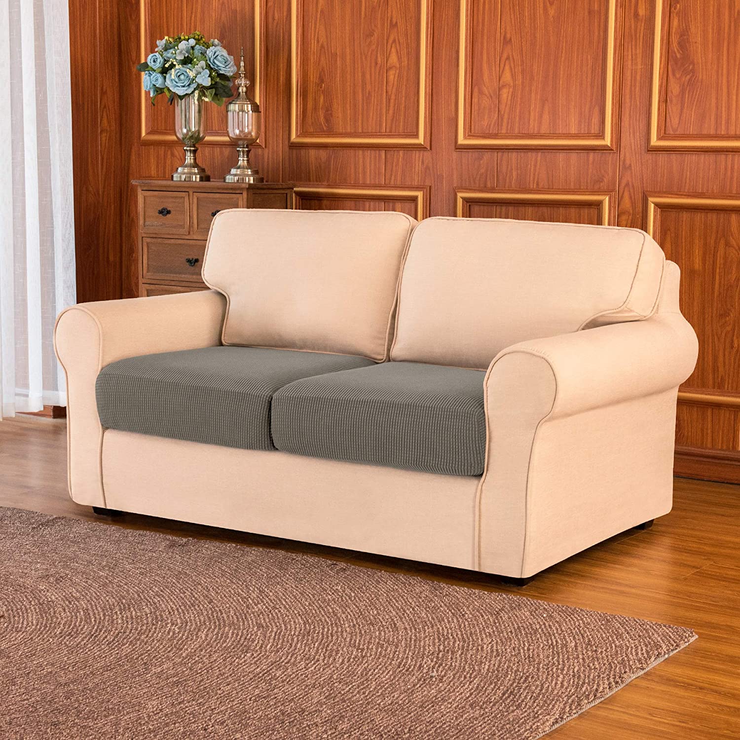 Subrtex Cushion Covers Separate Seat Stretch Textured Grid (2PCS, Taupe)