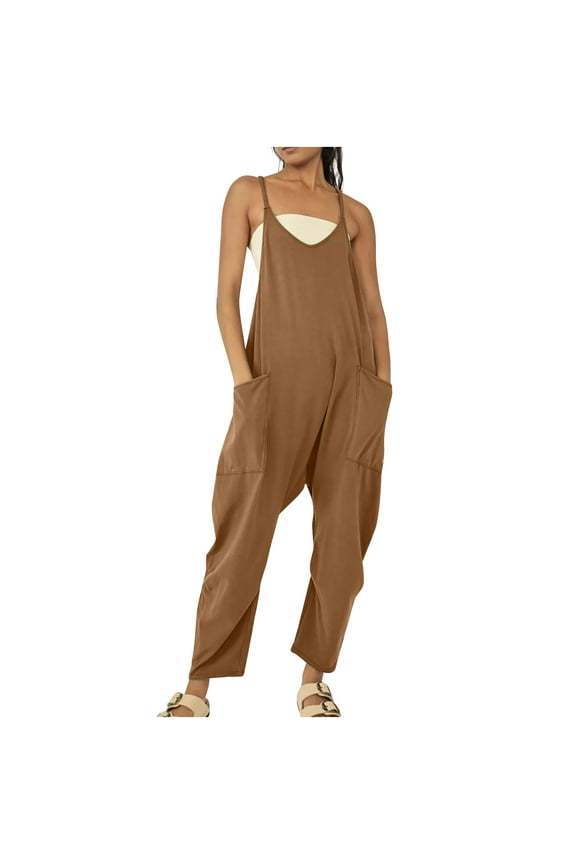 MELDVDIB Women's Summer Casual Sleeveless Strap Loose Adjustable Jumpsuits Stretchy Long Pants Romper with Pockets