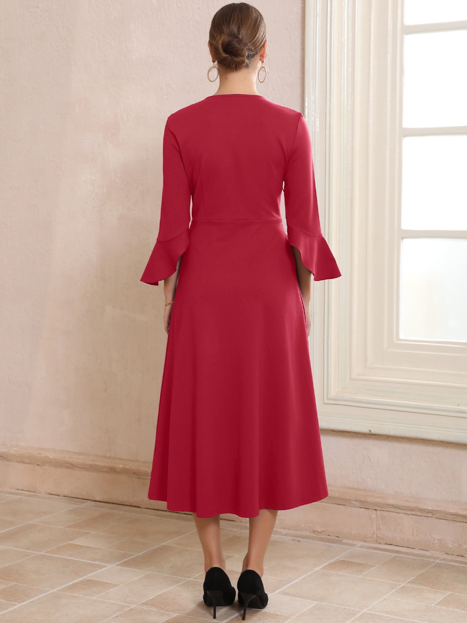DARING DIVA Women's Zipper Front Bell Sleeves Midi A-Line Dresses XL Burgundy