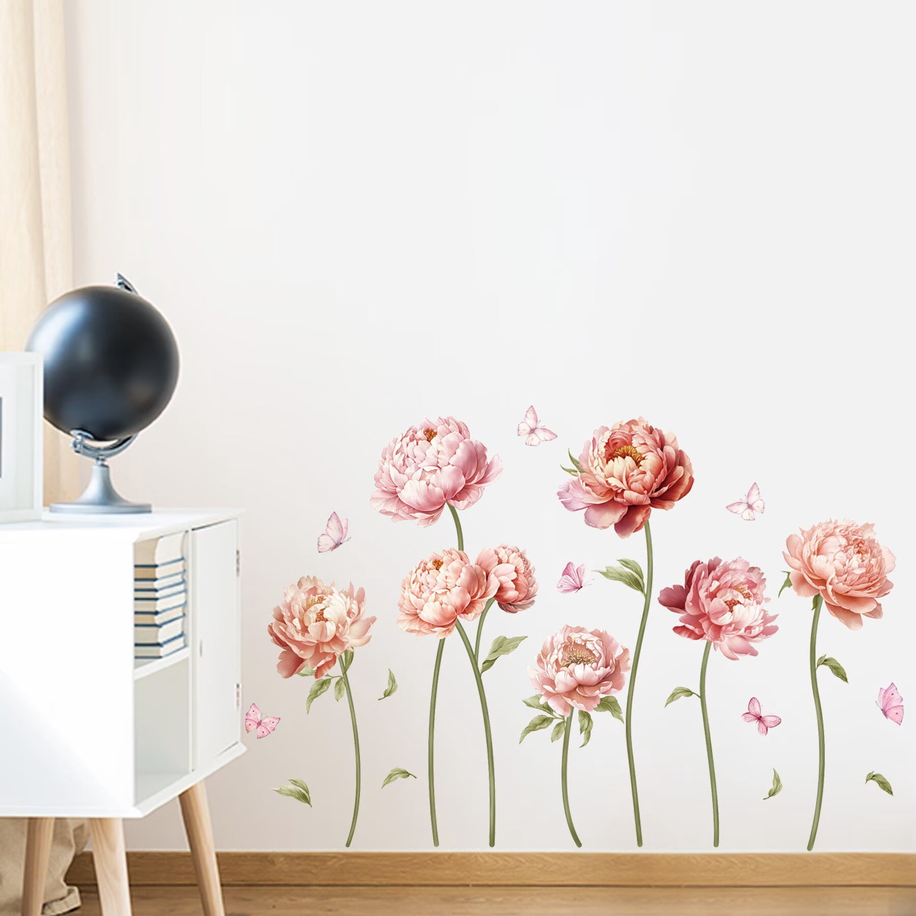 Pink Peony Rose Flower Wall Stickers Boho Floral Transparent sticker Peel and Stick Wall Art Decals for Girls Bedroom Living Room TV Wall Office Wall Decor glass decals