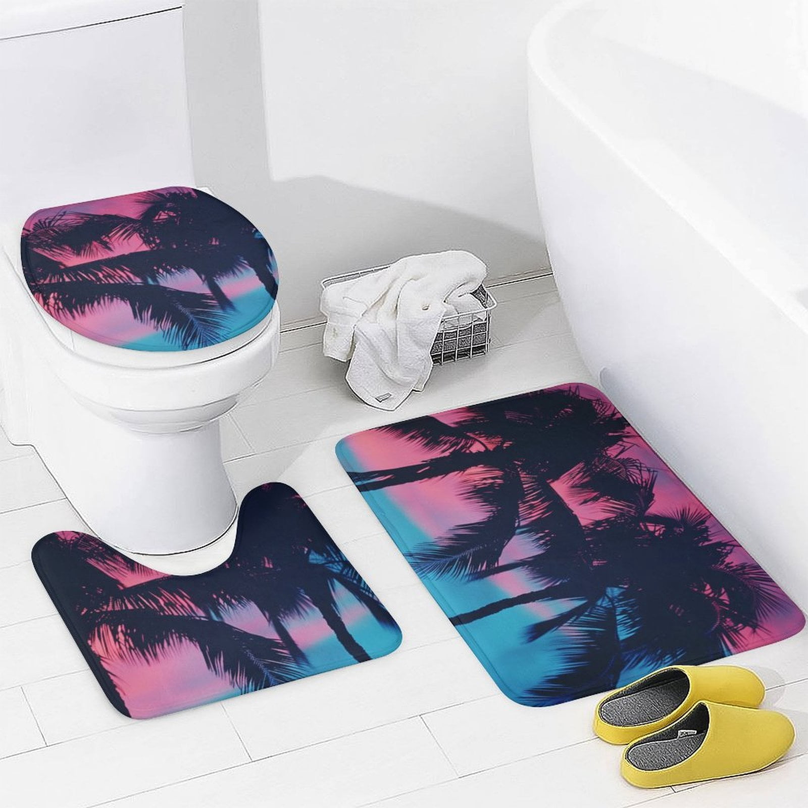 4 Piece Bathroom Rug Set with Shower Curtain Bathroom Sets with Curtain,Rug,Toilet Cover and U Shaped Mat Palm Trees in Pink Sky Bathroom Decor Shower Summer Tropical Palm Trees