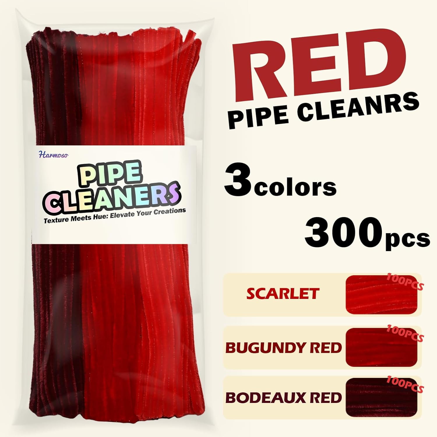 ABCISI 300pcs Pipe Cleaners Bulk -Red Color Trio, Fluffy Craft Pipe Cleaners for Arts & Crafts, Ideal for Making Flowers, Animals & Decorations (12 x 0.26 inches)